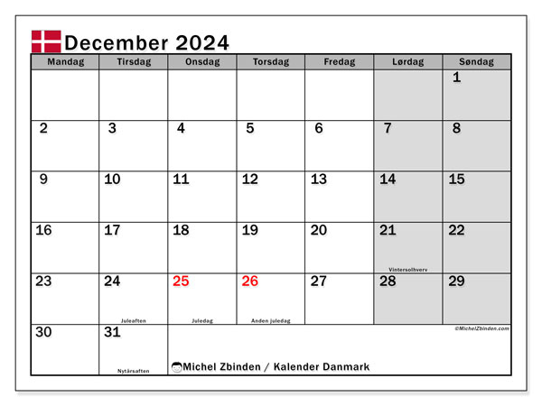 Calendario dicembre 2024, Danimarca (DA). Piano da stampare gratuito.