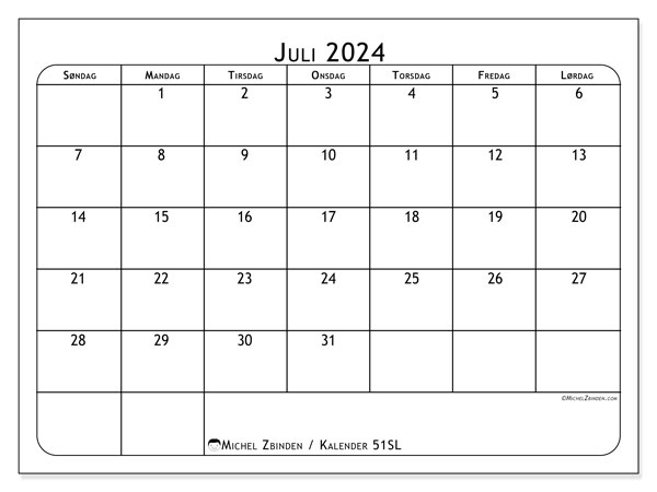 Kalender juli 2024, 51SL, klar til udskrivning og gratis.