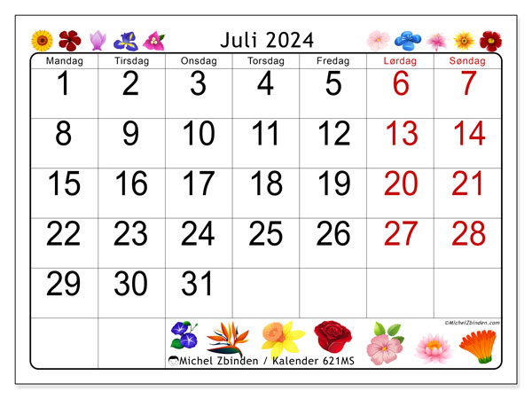 Kalender juli 2024, 621MS, klar til udskrivning og gratis.