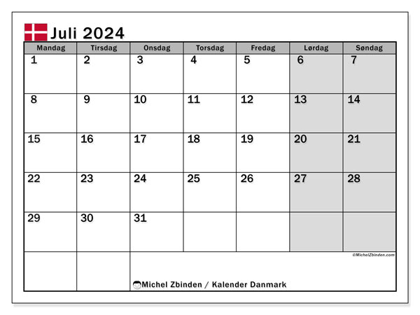 Calendario luglio 2024, Danimarca (DA). Orario da stampare gratuito.