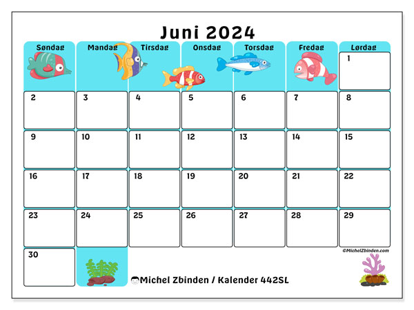 Kalender juni 2024, 442SL, klar til udskrivning og gratis.