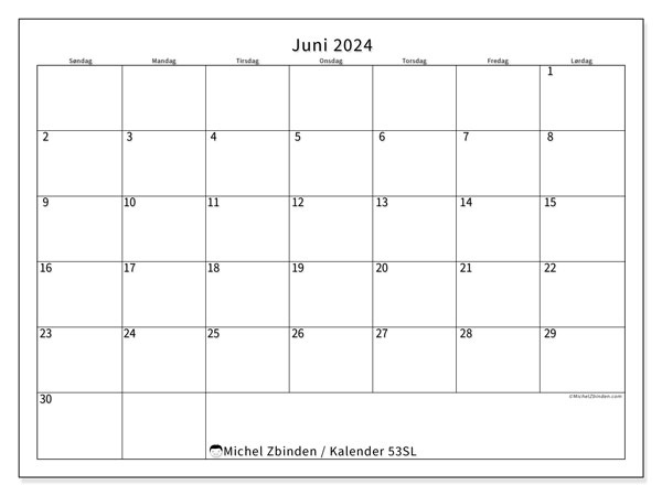 Kalender juni 2024, 53SL, klar til udskrivning og gratis.