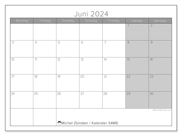 Kalender juni 2024, 54MS, klar til udskrivning og gratis.