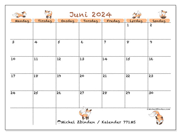 Kalender juni 2024, 771MS, klar til udskrivning og gratis.
