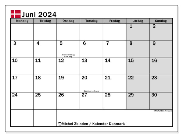 Kalender Juni 2024, Dänemark (DA). Programm zum Ausdrucken kostenlos.