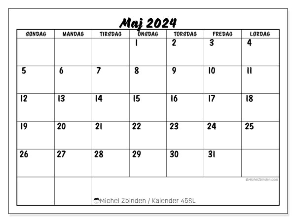 Kalender maj2024, 45SL, klar til udskrivning og gratis.