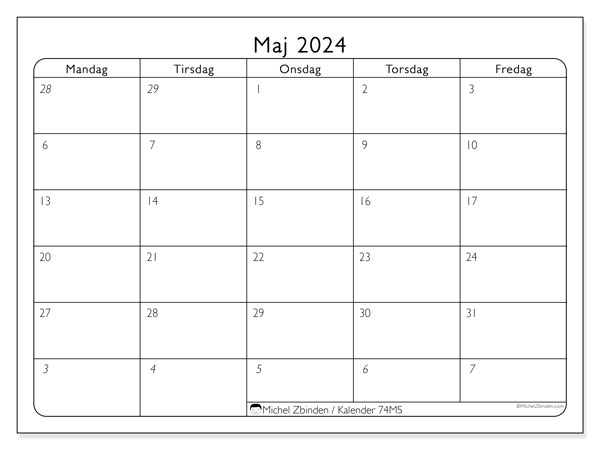 Kalender maj2024, 74MS, klar til udskrivning og gratis.