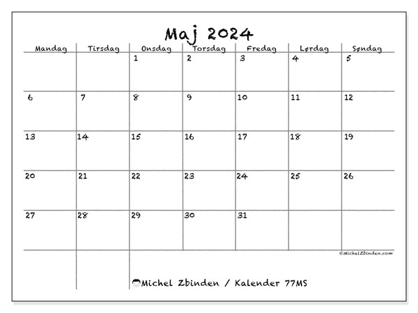 Kalender maj2024, 77MS, klar til udskrivning og gratis.
