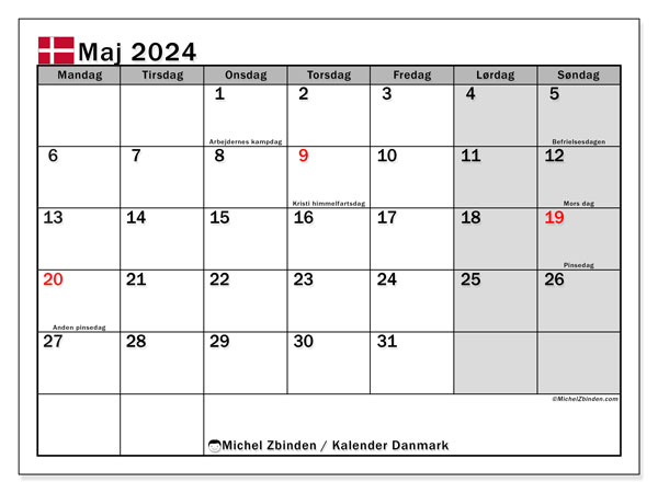 Kalender maj2024, Danmark, klar til udskrivning og gratis.