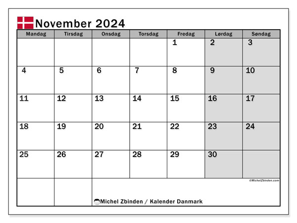 Calendario novembre 2024, Danimarca (DA). Piano da stampare gratuito.