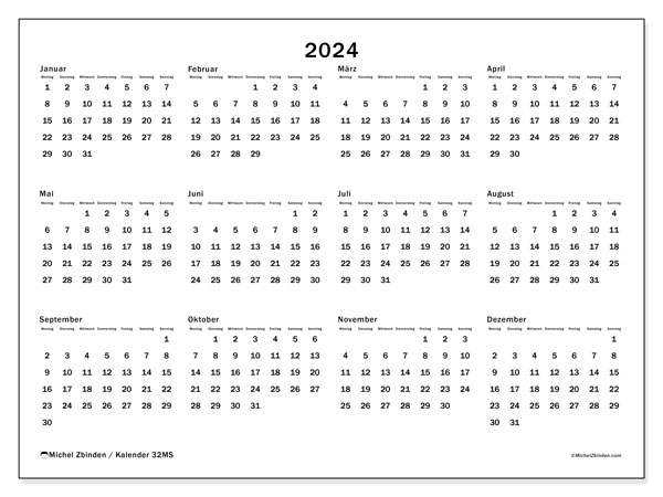 Kalender Jahrlich 2024 “32”. Plan zum Ausdrucken kostenlos.. Montag bis Sonntag