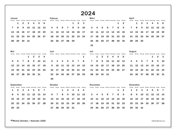 Kalender Jahrlich 2024 “32”. Plan zum Ausdrucken kostenlos.. Sonntag bis Samstag