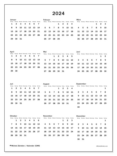 Jahreskalender 2024, 33MS. Kalender zum Ausdrucken kostenlos.