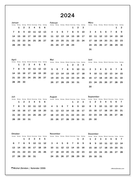 Kalender Jahrlich 2024 “33”. Programm zum Ausdrucken kostenlos.. Sonntag bis Samstag