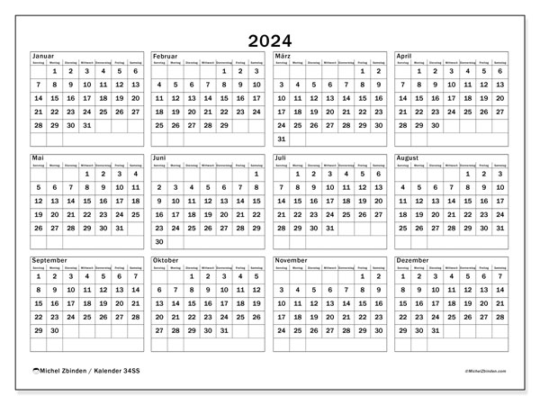 Jahreskalender 2024, 34SS. Kalender zum Ausdrucken kostenlos.