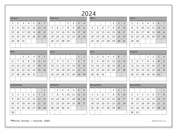 Kalender Jahrlich 2024 “35”. Kalender zum Ausdrucken kostenlos.. Montag bis Sonntag