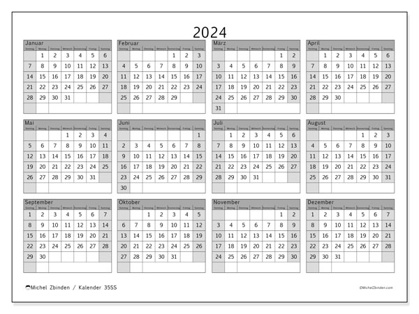 Jahreskalender 2024, 35SS. Kalender zum Ausdrucken kostenlos.