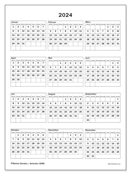 Kalender Jahrlich 2024 “36”. Kalender zum Ausdrucken kostenlos.. Montag bis Sonntag