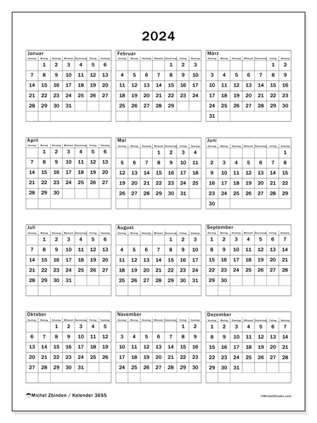 Kalender Jahrlich 2024 “36”. Kalender zum Ausdrucken kostenlos.. Sonntag bis Samstag