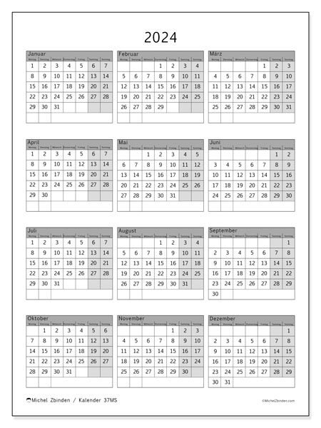 Jahreskalender 2024, 37MS. Kalender zum Ausdrucken kostenlos.