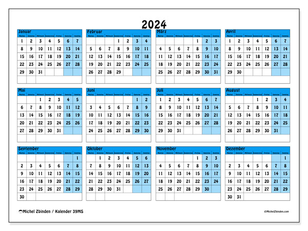 Kalender Jahrlich 2024 “39”. Programm zum Ausdrucken kostenlos.. Montag bis Sonntag