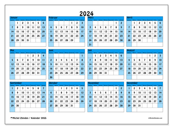 Kalender Jahrlich 2024 “39”. Programm zum Ausdrucken kostenlos.. Sonntag bis Samstag