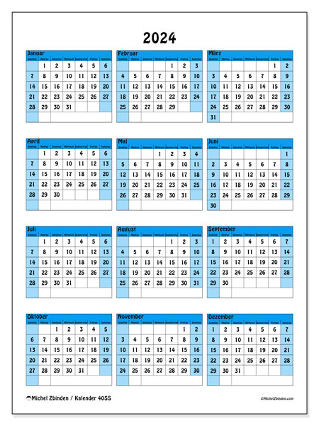 Jahreskalender 2024, 40SS. Kalender zum Ausdrucken kostenlos.