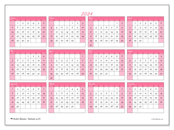 Kalender Jahrlich 2024 “41”. Kalender zum Ausdrucken kostenlos.. Sonntag bis Samstag