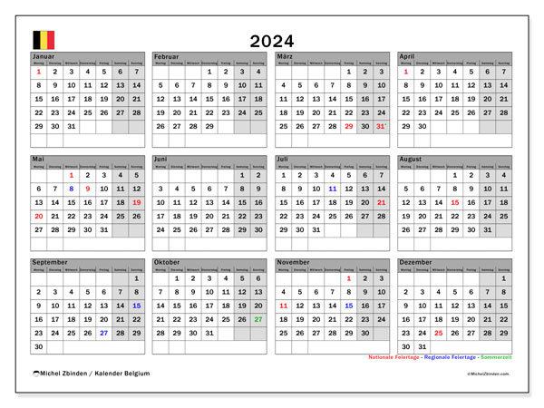 Kalender Jahrlich 2024 “Belgien”. Programm zum Ausdrucken kostenlos.. Montag bis Sonntag