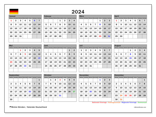 Kalender 2024, Deutschland. Plan zum Ausdrucken kostenlos.