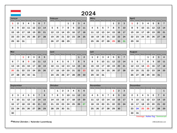 Kalender 2024, Luxemburg. Plan zum Ausdrucken kostenlos.
