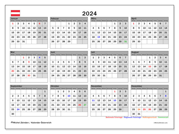 Kalender 2024, Österreich. Plan zum Ausdrucken kostenlos.