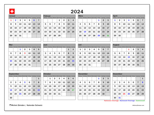 Kalender 2024, Schweiz. Plan zum Ausdrucken kostenlos.