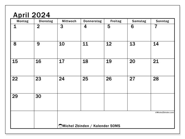 Kalender April 2024, 50MS, druckfertig und kostenlos.