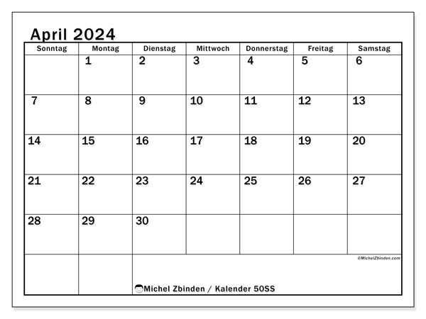 Kalender zum Ausdrucken, April 2024, 50SS