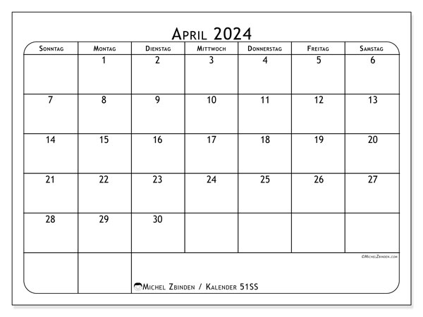 Kalender April 2024, 51SS, druckfertig und kostenlos.