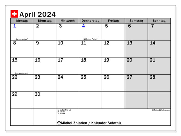 Kalender April 2024, Schweiz, druckfertig und kostenlos.