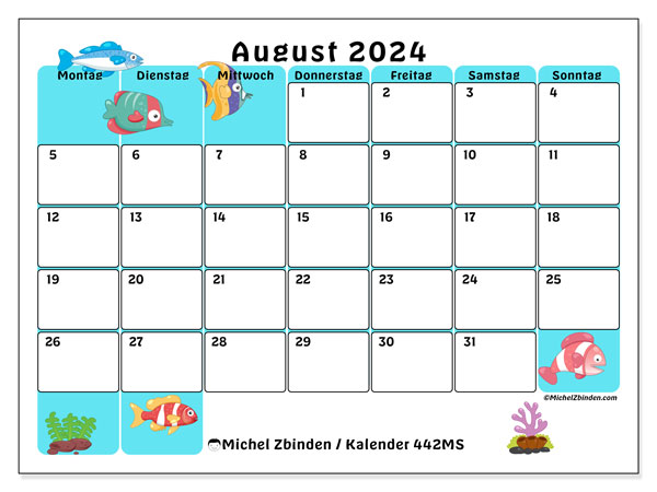 Kalender August 2024 “442”. Kalender zum Ausdrucken kostenlos.. Montag bis Sonntag