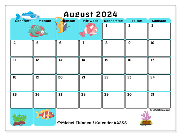 Kalender August 2024 “442”. Kalender zum Ausdrucken kostenlos.. Sonntag bis Samstag