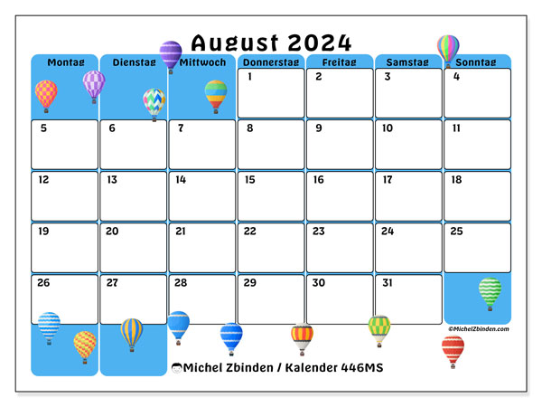 Kalender August 2024 “446”. Kalender zum Ausdrucken kostenlos.. Montag bis Sonntag