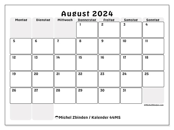 Kalender August 2024 “44”. Plan zum Ausdrucken kostenlos.. Montag bis Sonntag