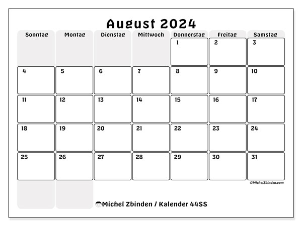 Kalender August 2024 “44”. Plan zum Ausdrucken kostenlos.. Sonntag bis Samstag