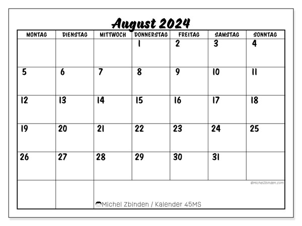 Kalender August 2024 “45”. Plan zum Ausdrucken kostenlos.. Montag bis Sonntag