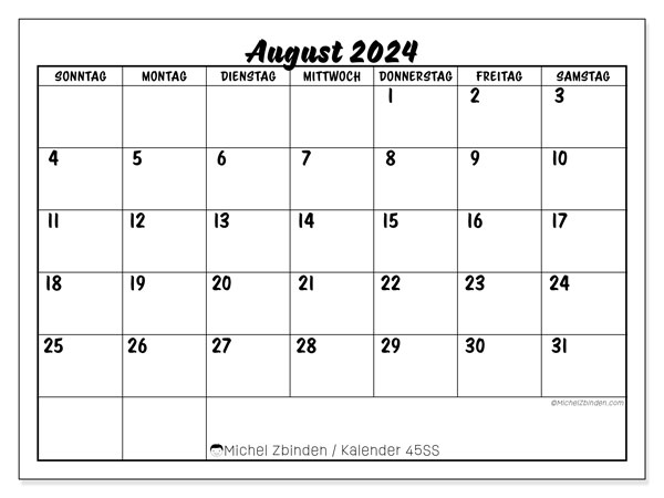 Kalender August 2024 “45”. Plan zum Ausdrucken kostenlos.. Sonntag bis Samstag