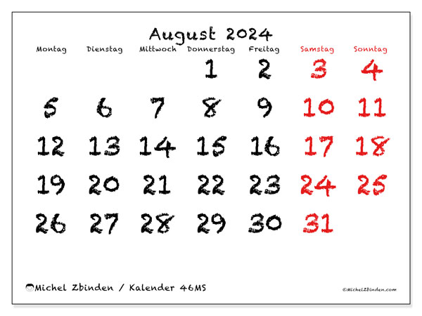 Kalender August 2024 “46”. Plan zum Ausdrucken kostenlos.. Montag bis Sonntag