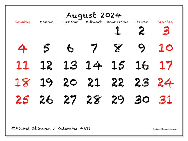 Kalender August 2024 “46”. Plan zum Ausdrucken kostenlos.. Sonntag bis Samstag