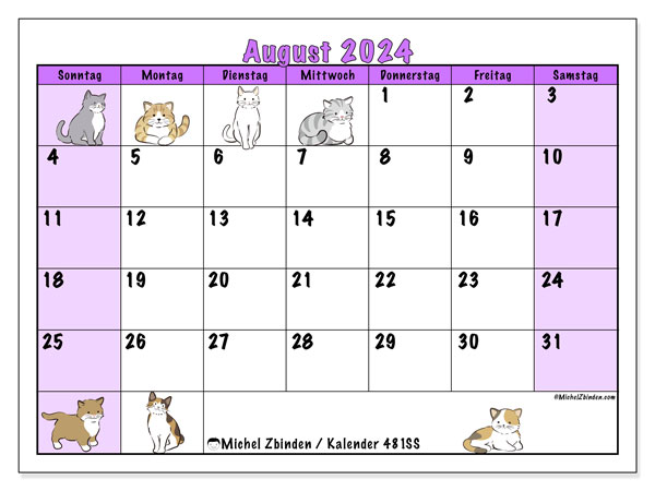 Kalender August 2024 “481”. Programm zum Ausdrucken kostenlos.. Sonntag bis Samstag