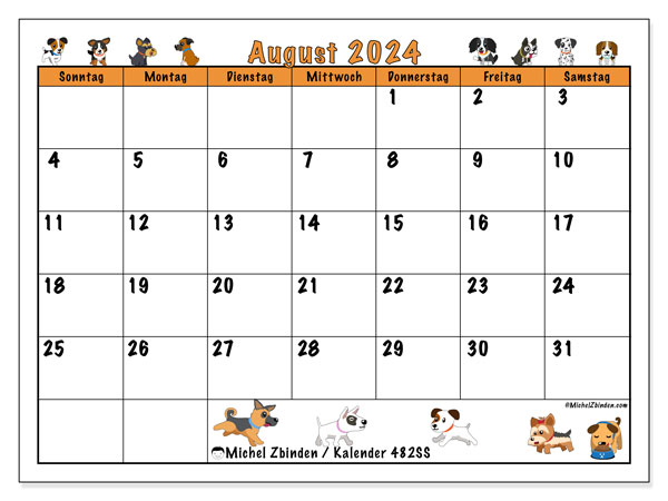 Kalender August 2024 “482”. Programm zum Ausdrucken kostenlos.. Sonntag bis Samstag