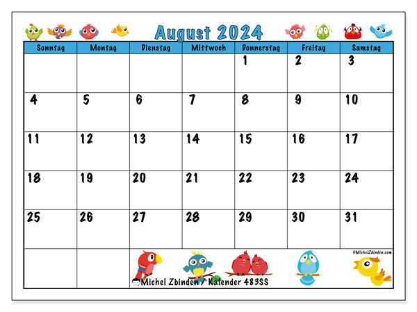 Kalender August 2024 “483”. Programm zum Ausdrucken kostenlos.. Sonntag bis Samstag