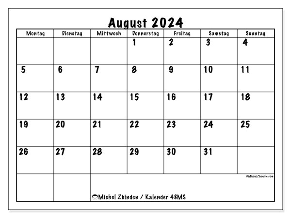 Kalender August 2024 “48”. Plan zum Ausdrucken kostenlos.. Montag bis Sonntag